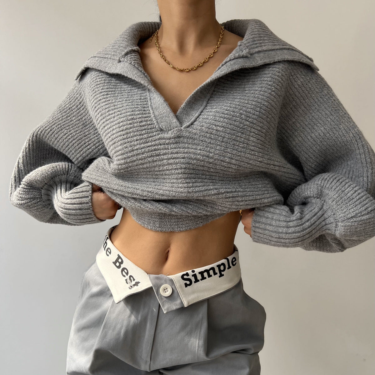 Oversized Collared V-Neck Knit Sweater Pullover