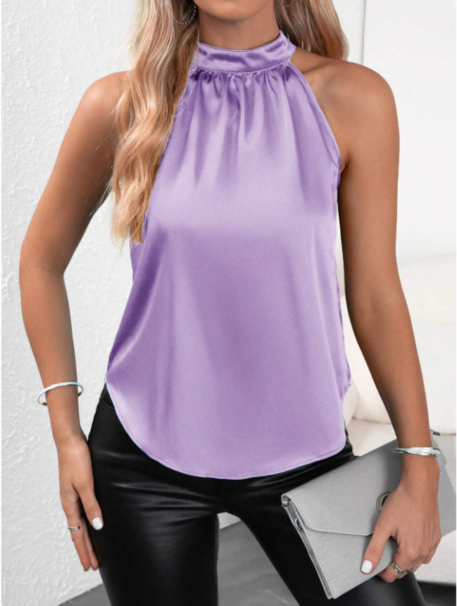 Women's Satin Halter Top Sleeveless Ruched Blouse