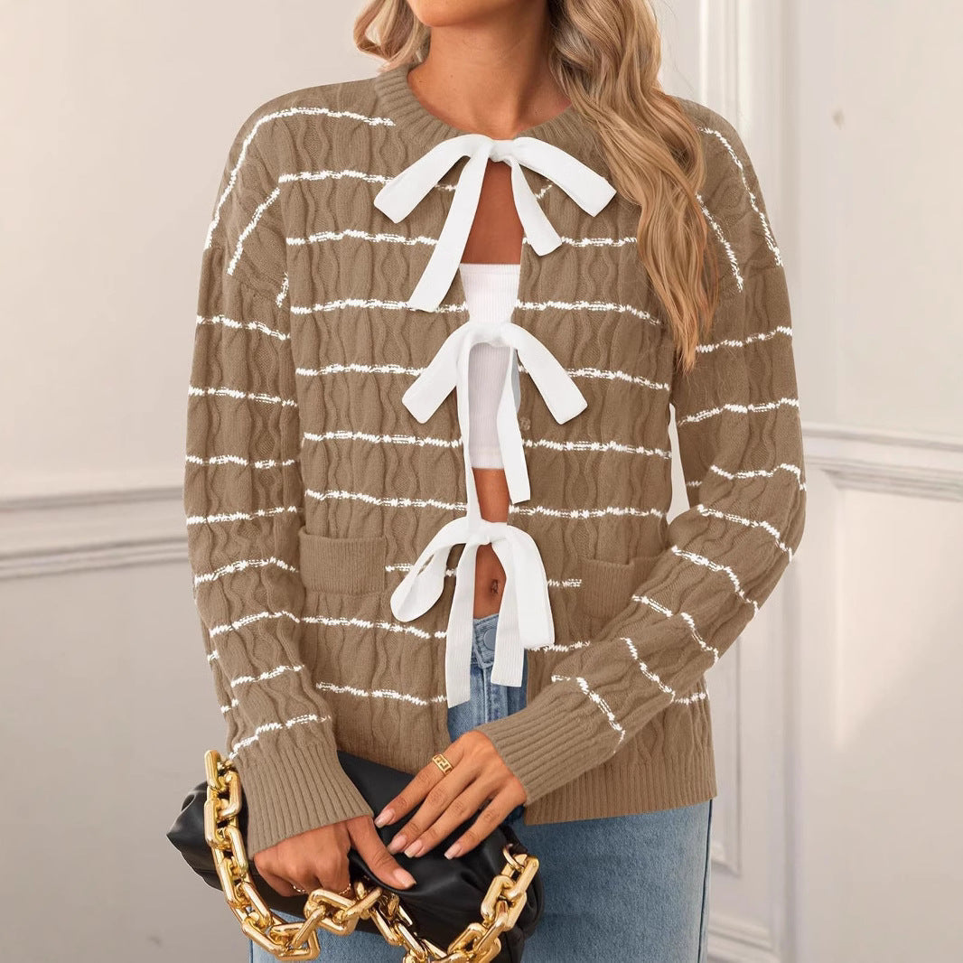 Women's Striped Bow Tie Front Cardigan Sweater