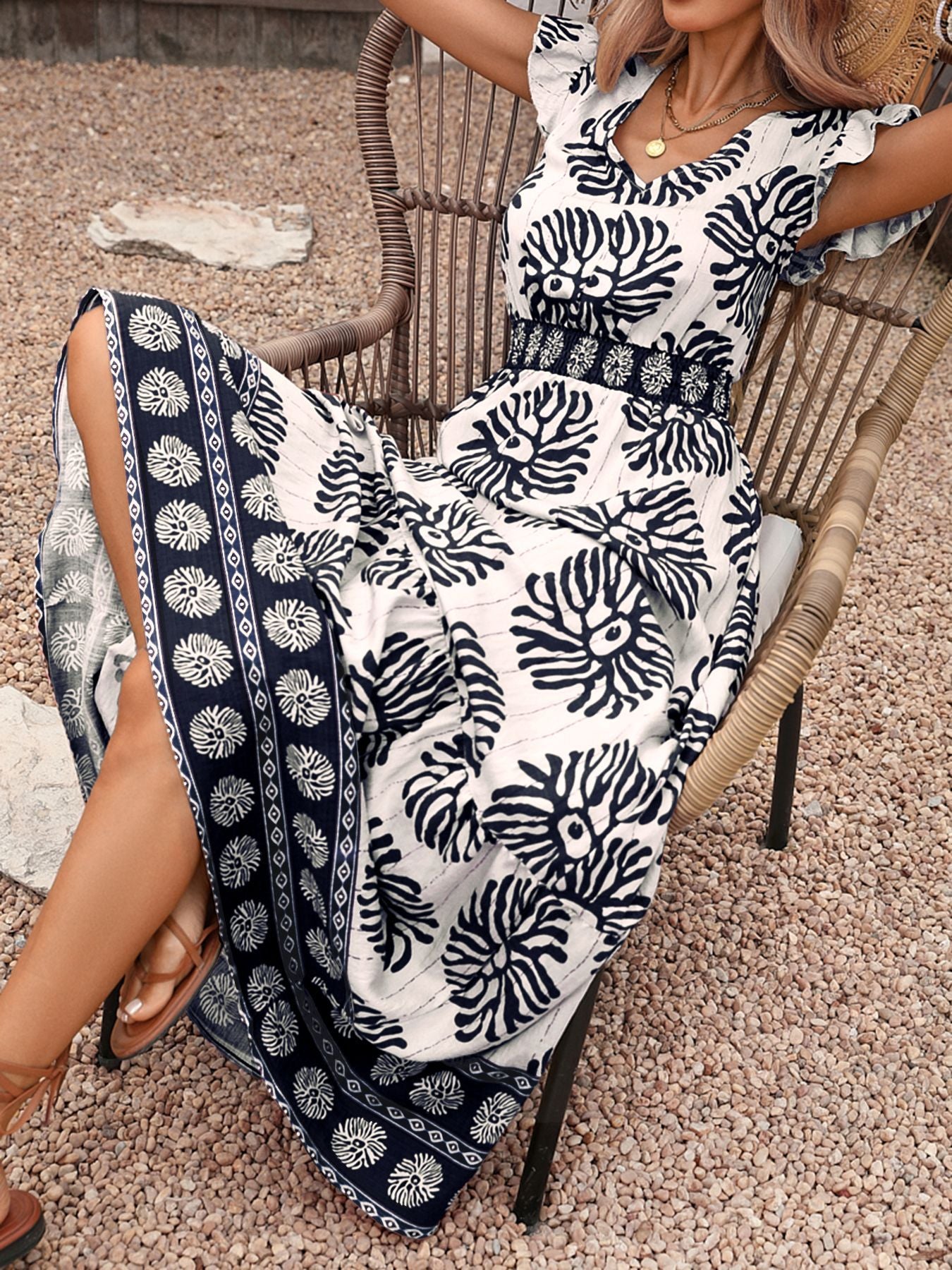 Boho Leaf Print V Neck Flutter Sleeve Maxi Dress Resort