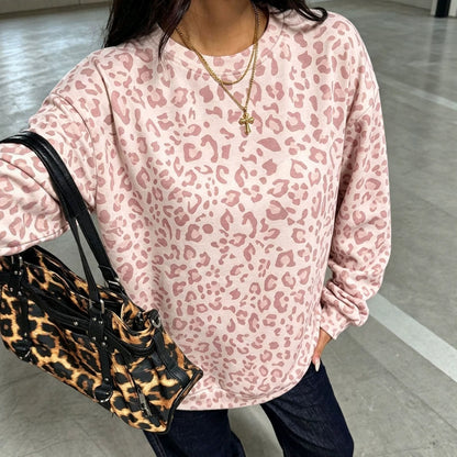 Leopard Print Sweatshirt Relaxed Fit Crew Neck Pullover