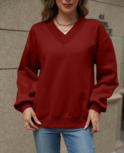 Colorblock V Neck Fleece Sweatshirt Women Casual Pullover Top