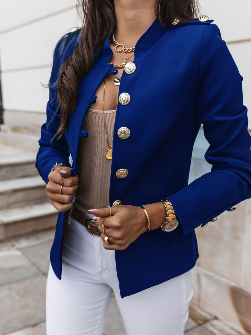 Women's Fitted Cropped Blazer Gold Button Long Sleeve