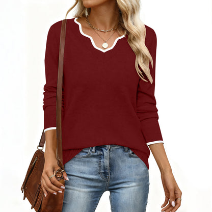 Women's Scalloped V-Neck Contrast Trim Long Sleeve Sweater