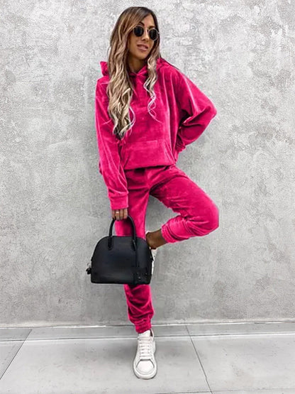 Women's Velvet Hoodie Jogger Pants Two Piece Set