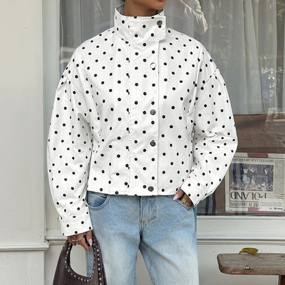 Polka Dot Stand Collar Snap Button Relaxed Jacket