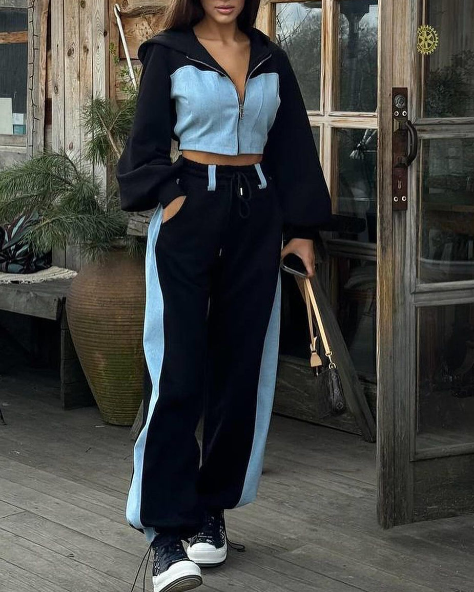 Women's 2 Piece Color Block Denim Hoodie Jogger Set