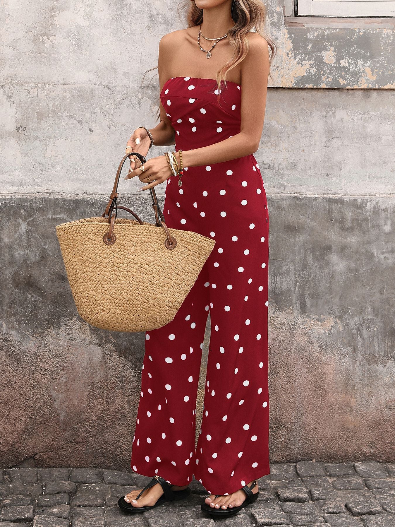 Women’s Polka Dot Strapless Wide Leg Jumpsuit