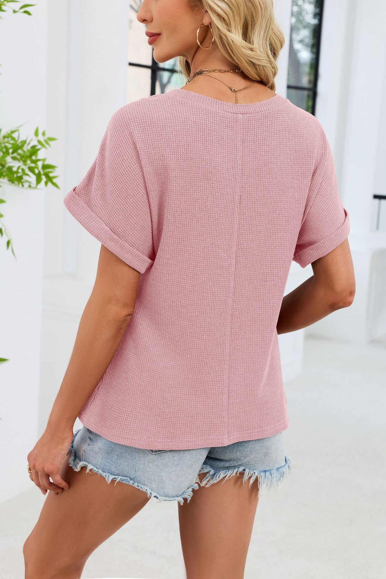 Crochet Lace Yoke Short Sleeve Waffle Knit Casual Top