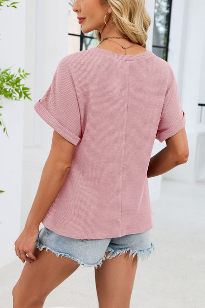 Crochet Lace Yoke Short Sleeve Waffle Knit Casual Top