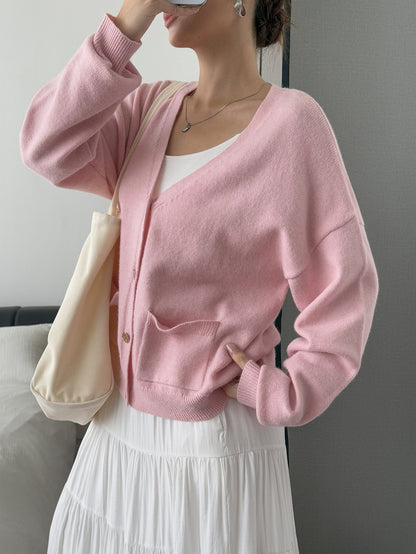 Women’s Solid Color Knit Cardigan V Neck Long Sleeve Top