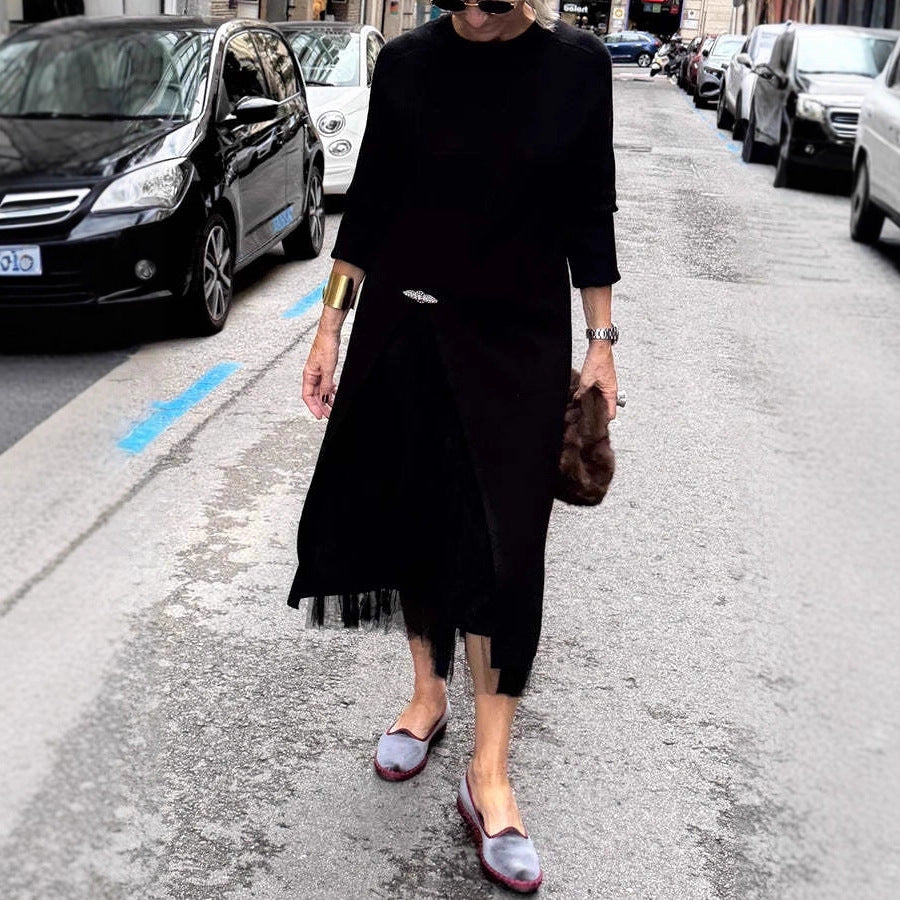 Women's Long Sleeve Sweater Dress Mesh Slit Maxi