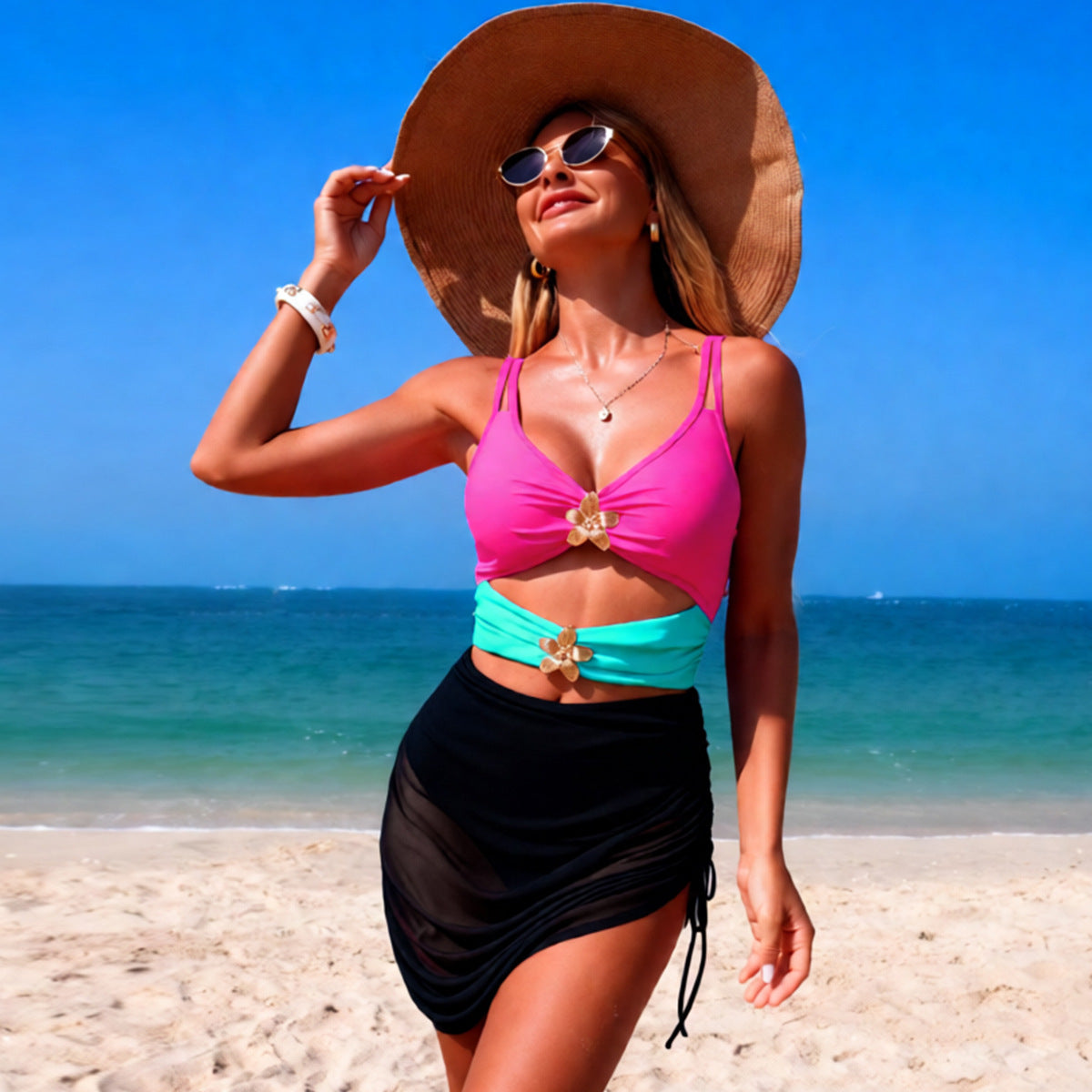 Color Block Cutout Swimsuit Set High Waisted Two Piece