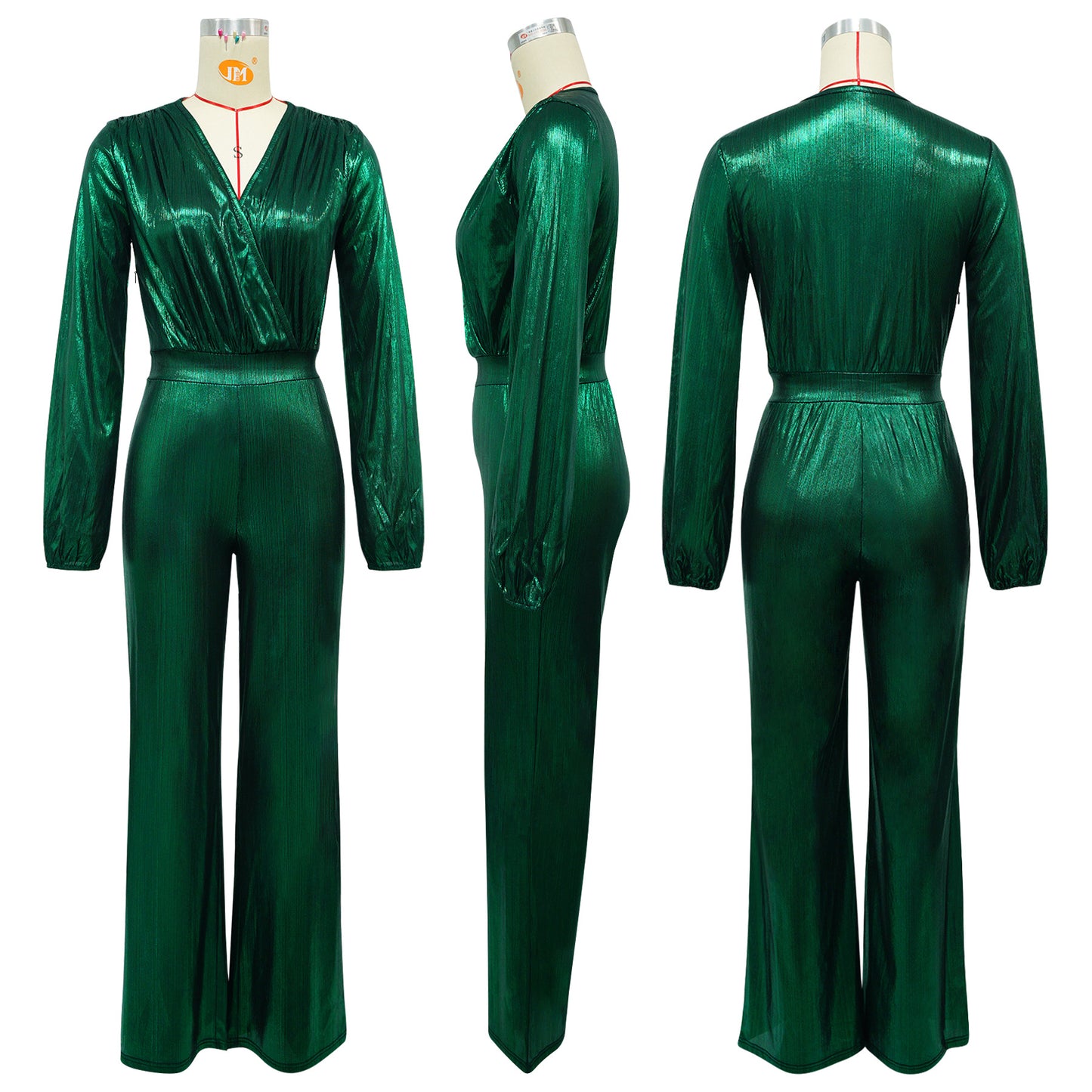 Sexy Metallic V-Neck Long Sleeve Flare Jumpsuit
