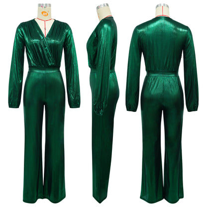 Sexy Metallic V-Neck Long Sleeve Flare Jumpsuit