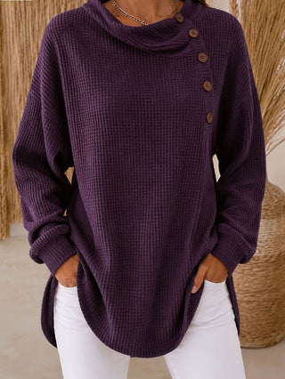 Women's Waffle Knit Cowl Neck Button Pullover Sweater