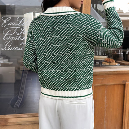 Contrast Polo Collar Abstract Knit Pullover Sweater