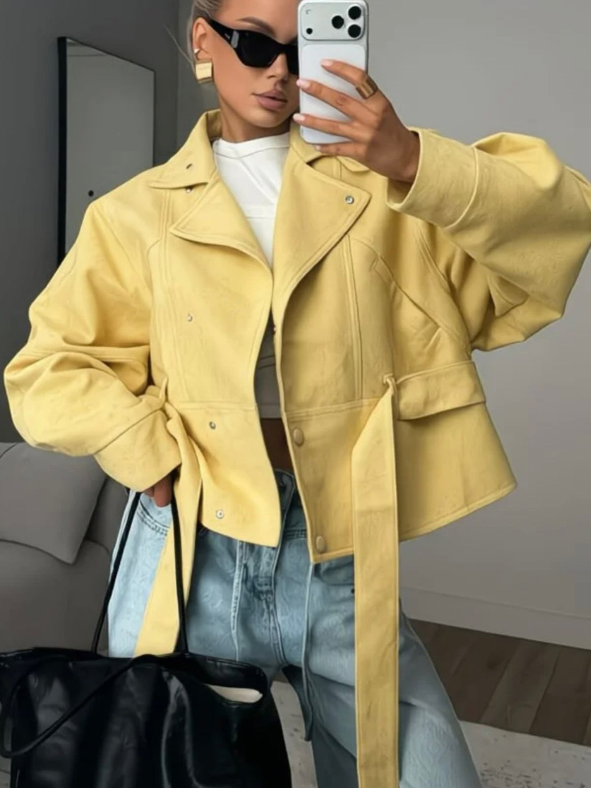 Women's Belted Cropped Jacket Stand Collar Trench Coat