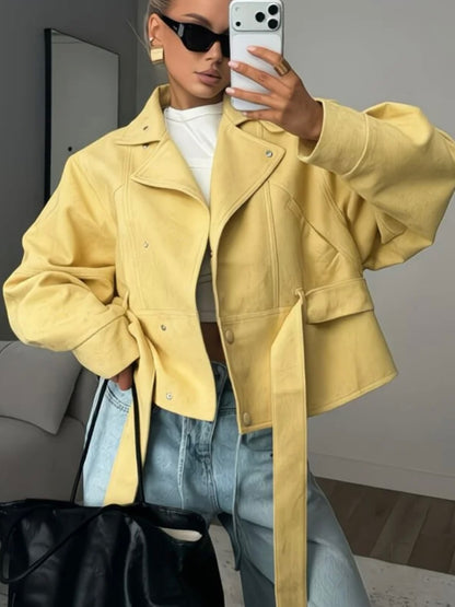 Women's Belted Cropped Jacket Stand Collar Trench Coat