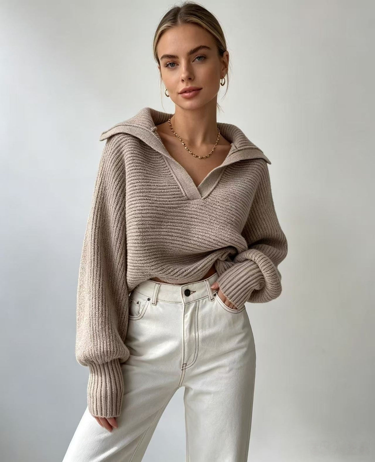 Chunky Knit Collared Balloon Sleeve Sweater