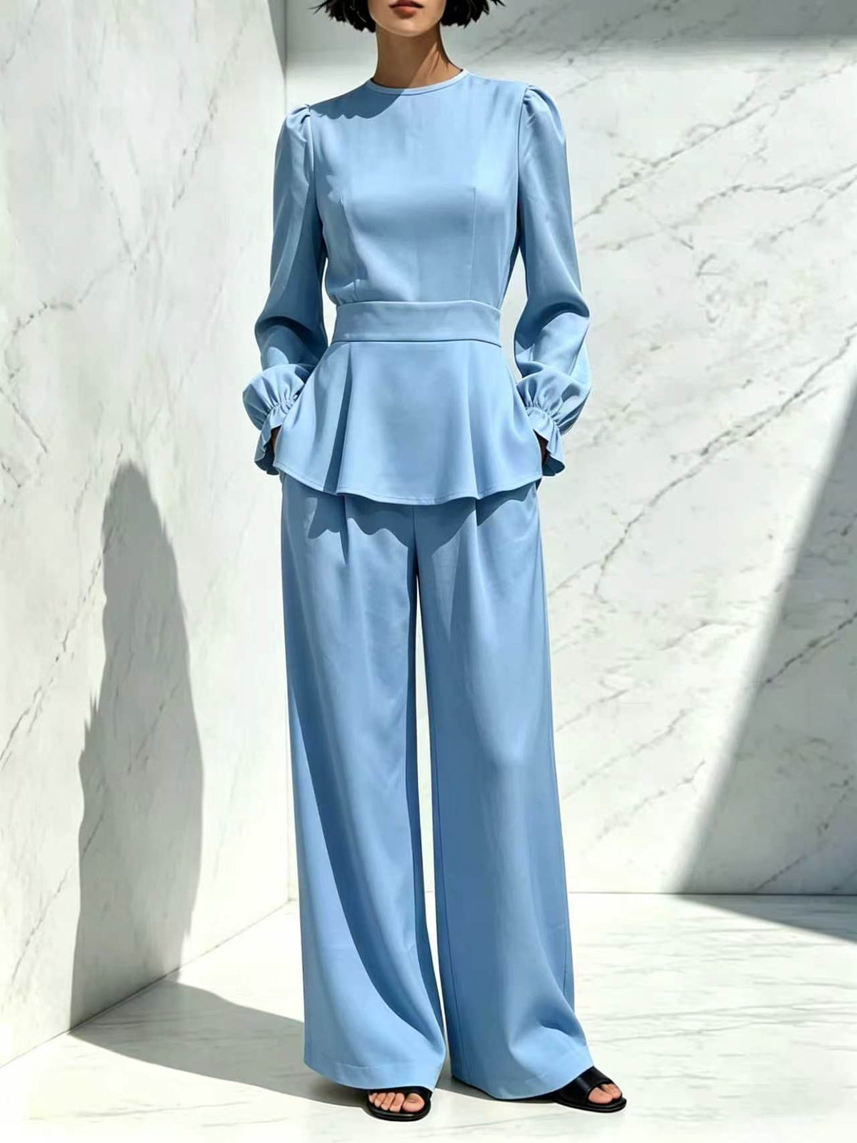 Women's Puff Sleeve Peplum Top Wide Leg Pants Set