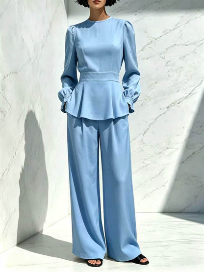 Women's Puff Sleeve Peplum Top Wide Leg Pants Set