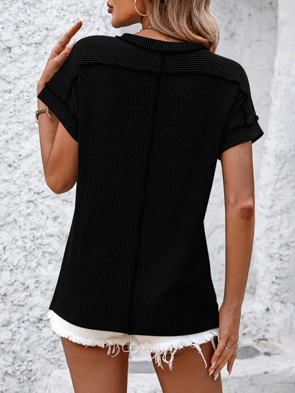Women’s White Textured Ribbed Crew Neck Loose Tee