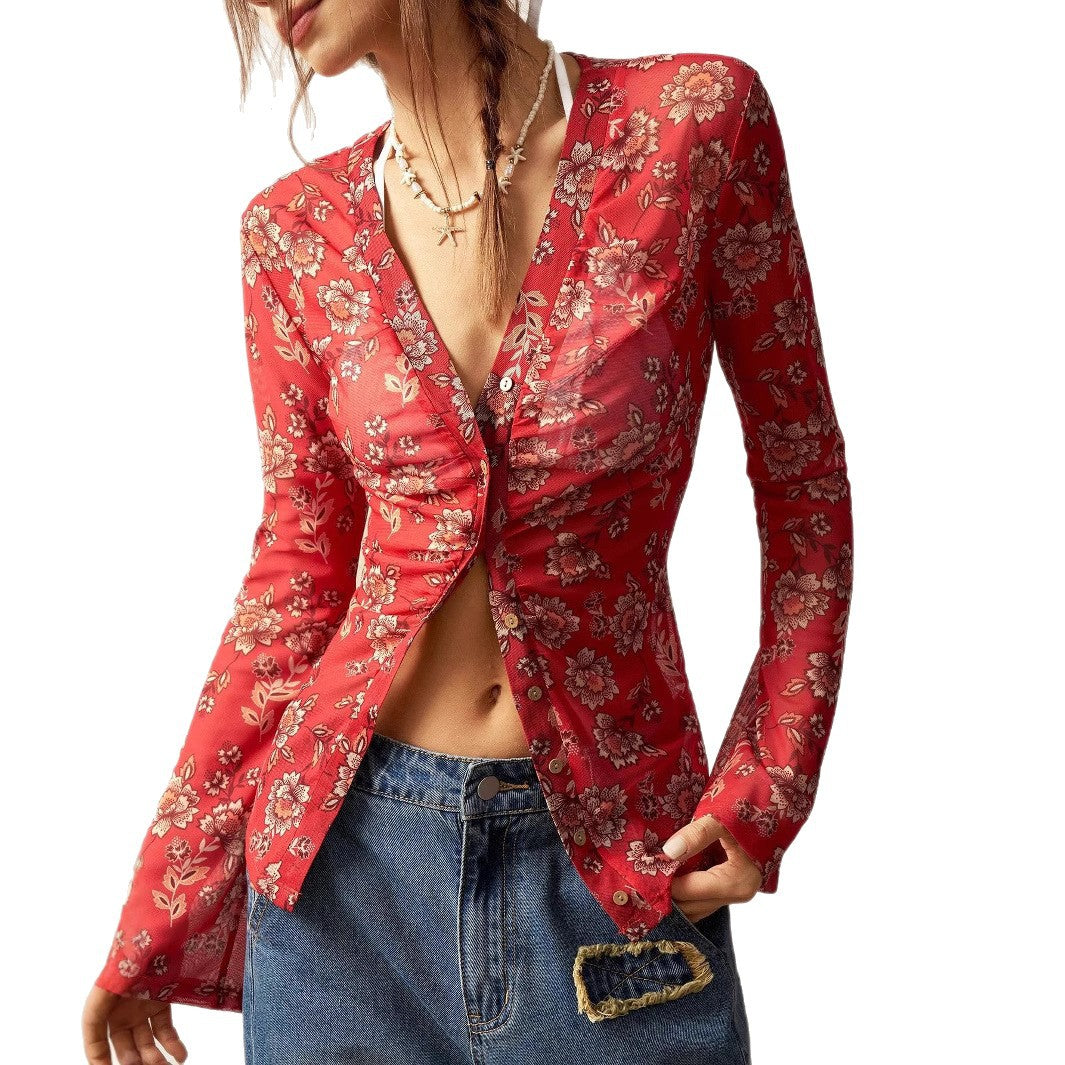 Vintage Floral Print V Neck Button Front Slim Fit Blouse