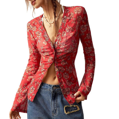 Vintage Floral Print V Neck Button Front Slim Fit Blouse
