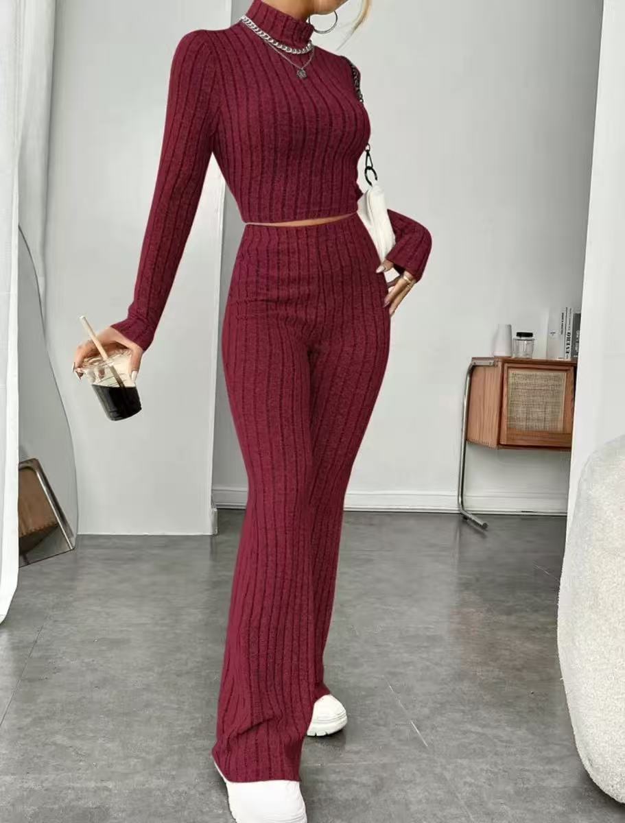 Women's Ribbed Knit Crop Top & Flare Pants Matching Set