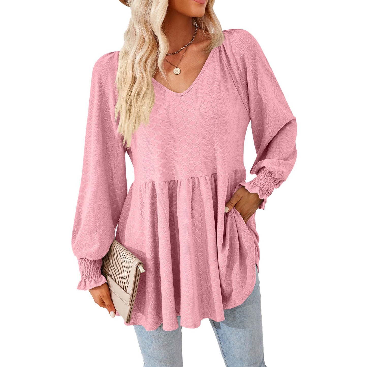 Women's V Neck Long Sleeve Textured Babydoll Tunic Top