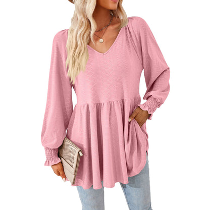 Women's V Neck Long Sleeve Textured Babydoll Tunic Top