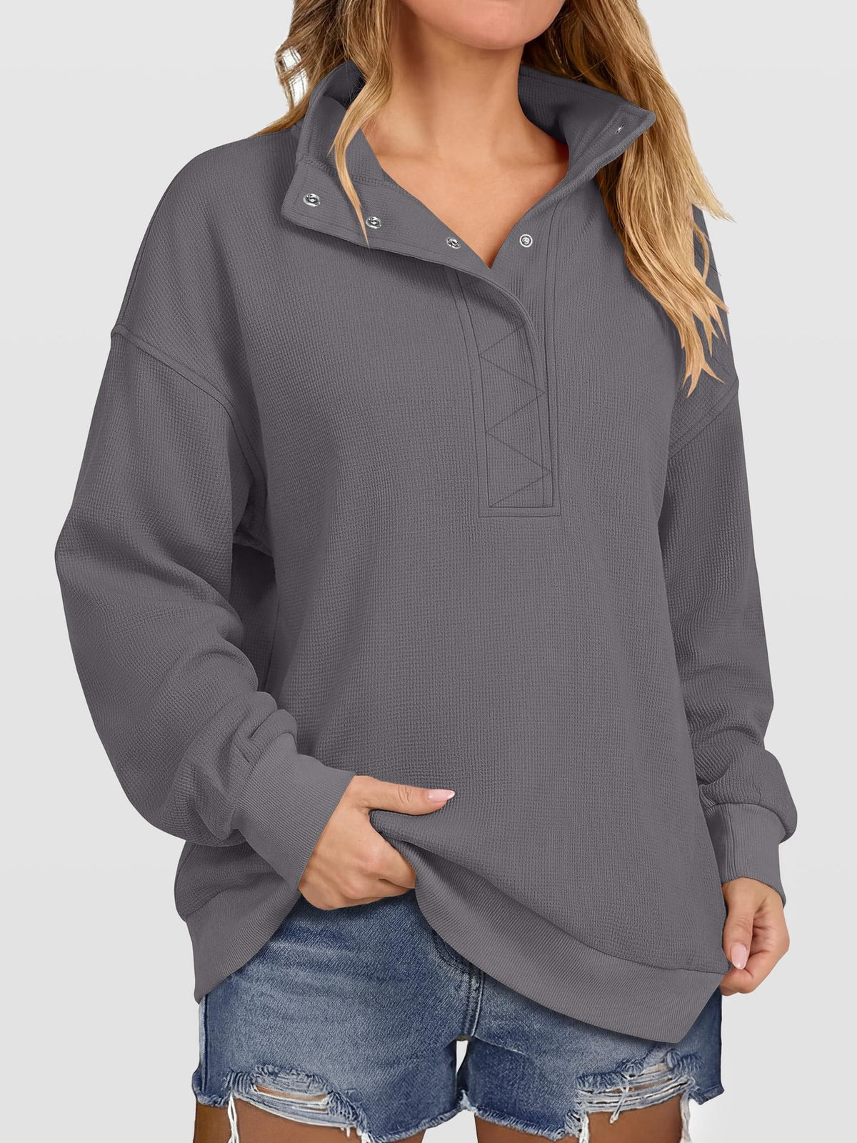 Women's Waffle Knit Oversized Button Pullover Sweatshirt