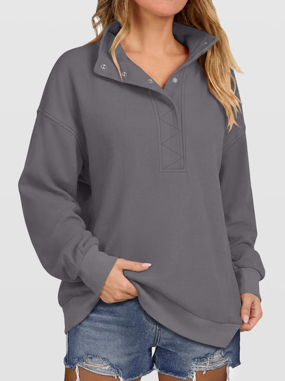Women's Waffle Knit Oversized Button Pullover Sweatshirt