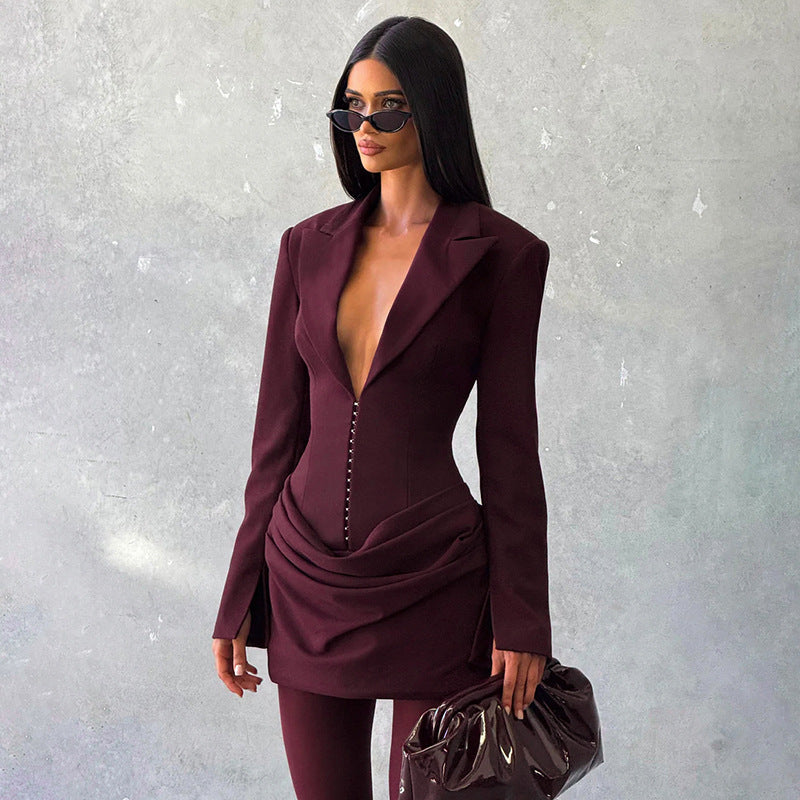 Women's Deep V-Neck Long Sleeve Blazer Dress Bodycon Mini