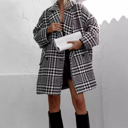 Womens Oversized Houndstooth Tweed Winter Coat Jacket