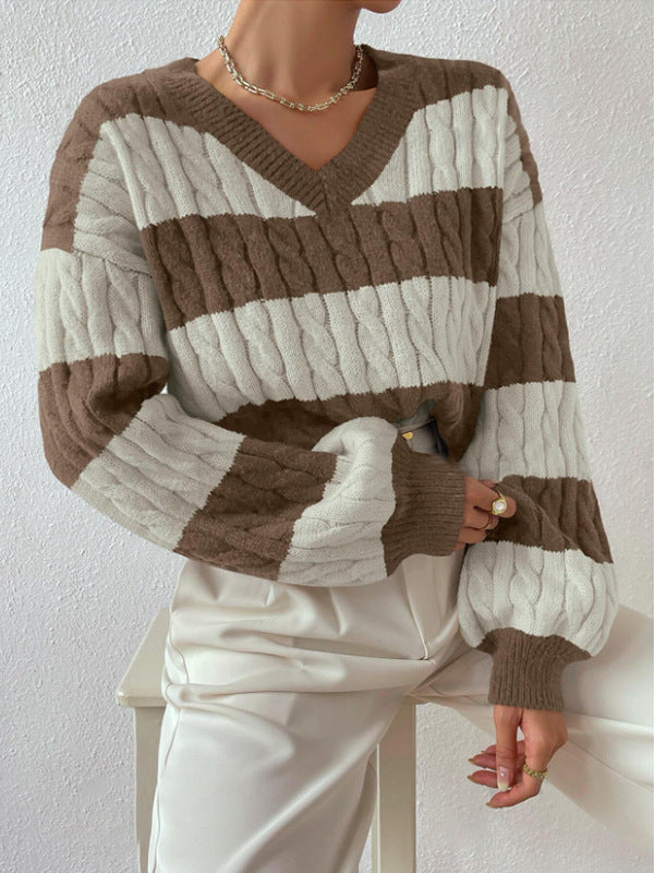Oversized V-Neck Cable Knit Striped Pullover Sweater