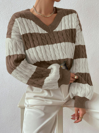 Oversized V-Neck Cable Knit Striped Pullover Sweater