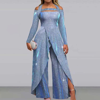 Sequin Off Shoulder Wide Leg Jumpsuit Blue