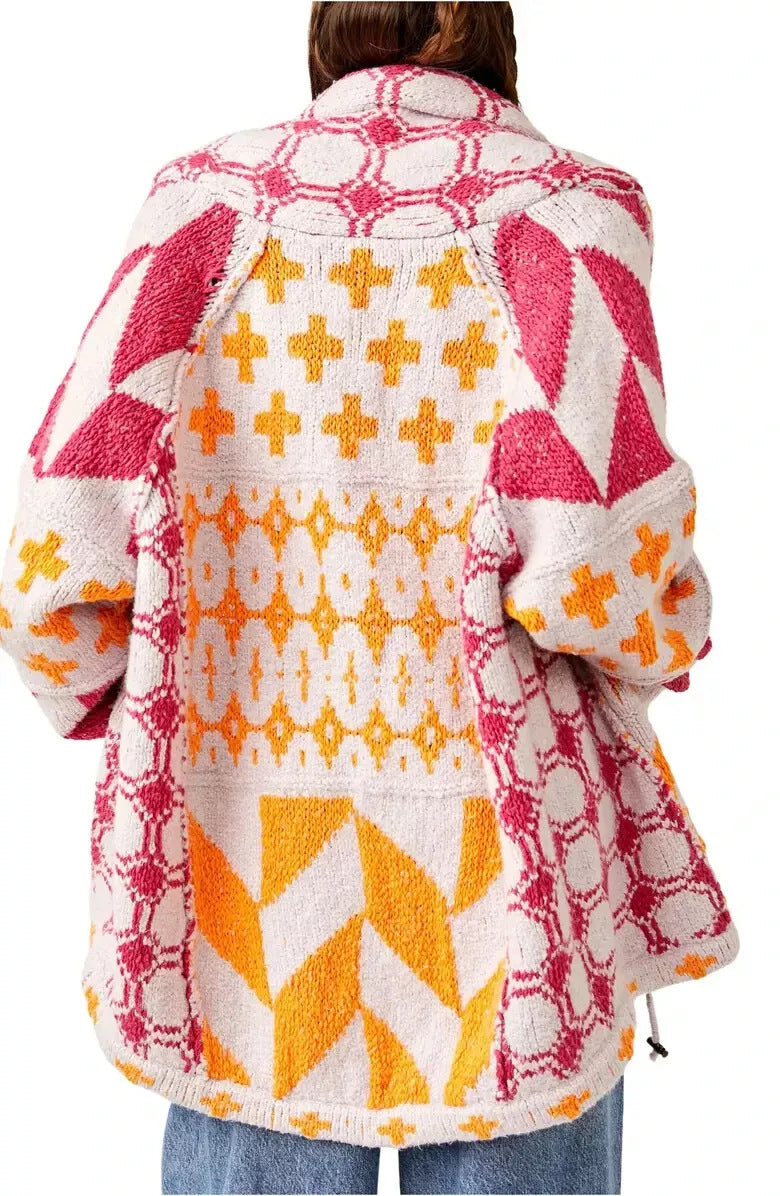 Y2K Oversized Geometric Knit Cardigan Button Front