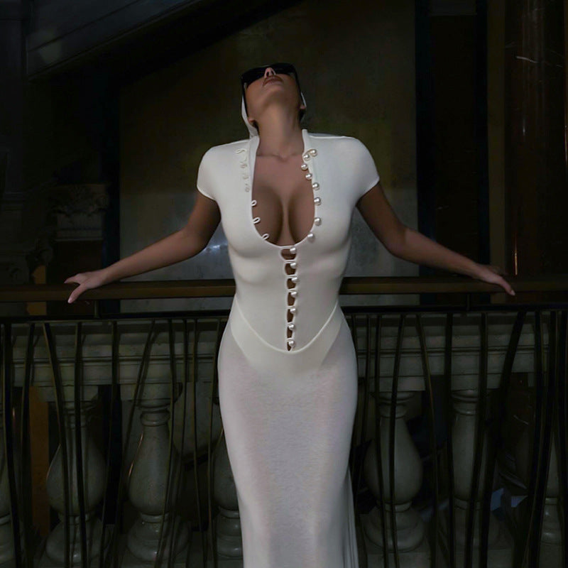 Mock Neck Cutout Bodycon Maxi Dress Short Sleeve