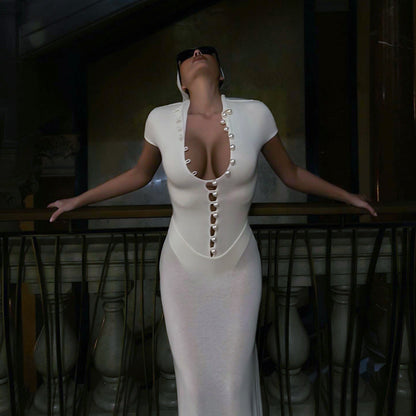Mock Neck Cutout Bodycon Maxi Dress Short Sleeve