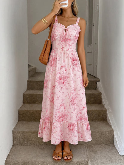 Printed Square Neck Spaghetti Strap Long Dress Elegant Fit