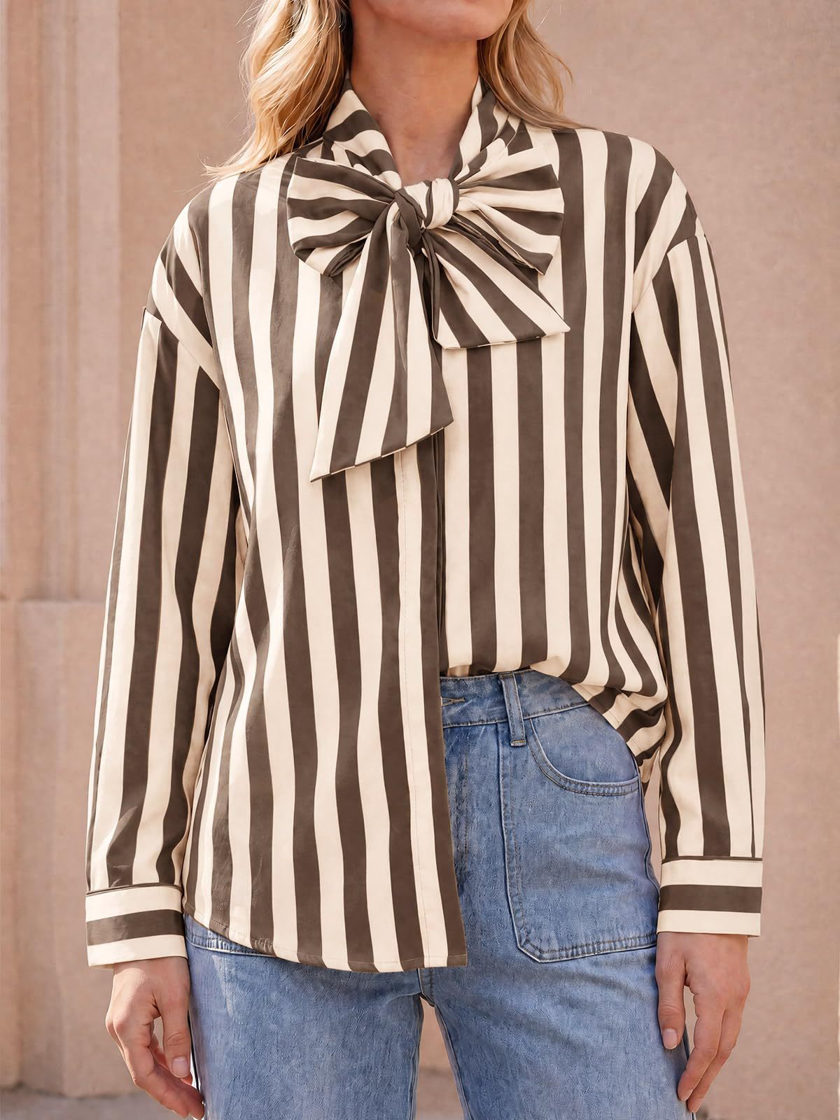 Women's Striped Tie Neck Long Sleeve Blouse Casual