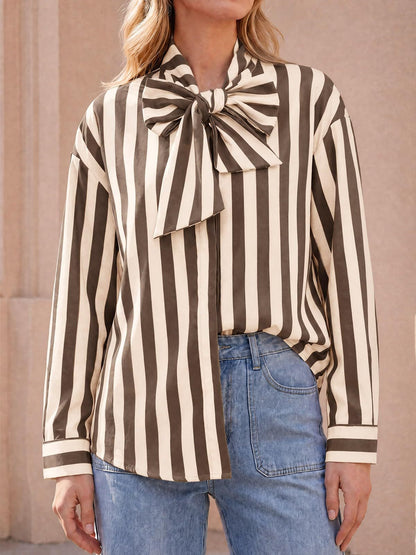 Women's Striped Tie Neck Long Sleeve Blouse Casual