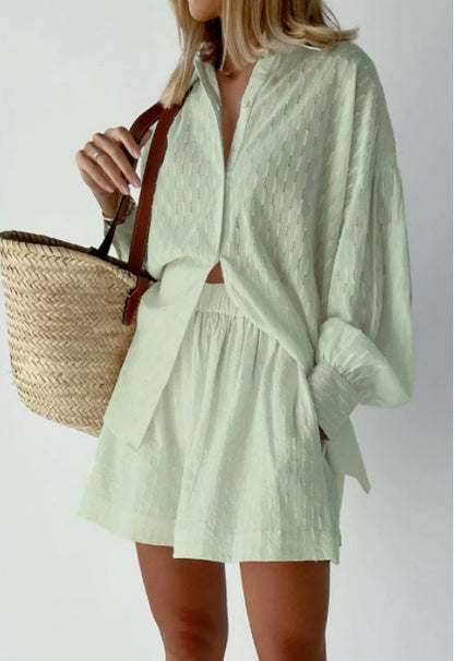 Women's Cotton Jacquard Shirt and Shorts Two Piece Set