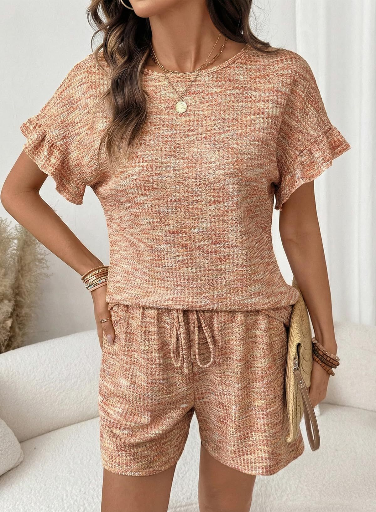 Textured Knit Lounge Set Ruffle Sleeve Drawstring