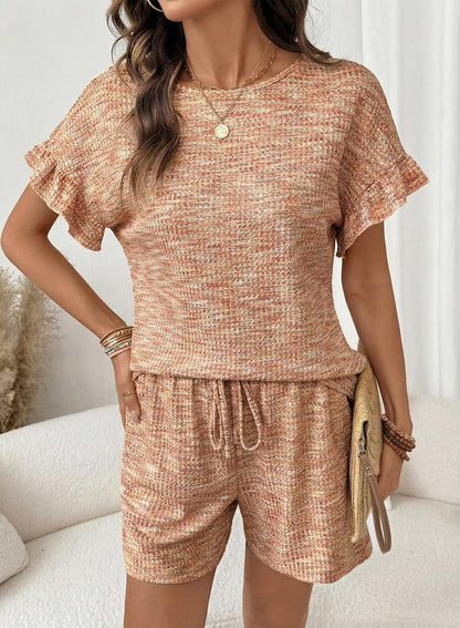 Textured Knit Lounge Set Ruffle Sleeve Drawstring
