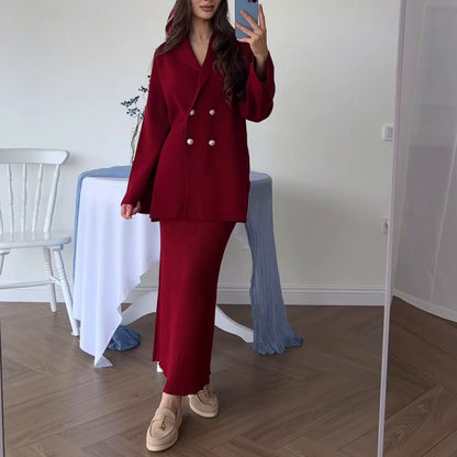 Elegant Two Piece Button Cardigan Maxi Skirt Set