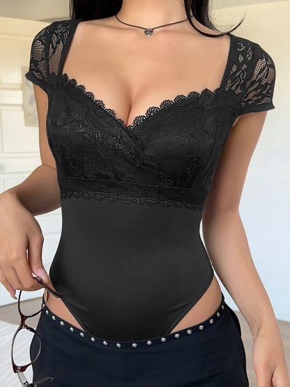 Lace V Neck Bodysuit Sexy Short Sleeve Bodycon Top